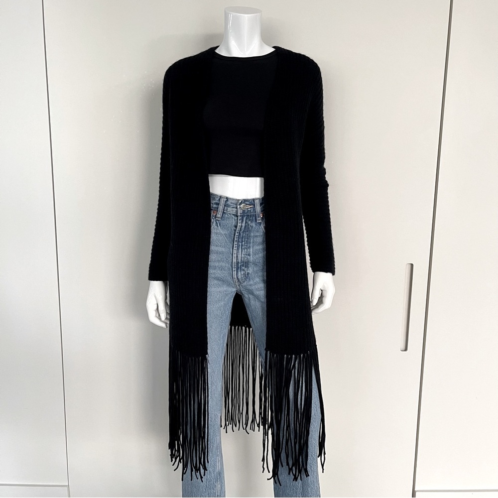 360 CASHMERE Open Ribbed cashmere/wool blend Cardigan w/ Long Fringe Hem Detail